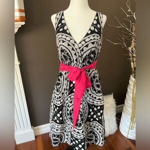 Black and White Patterned Dress with Pink Sash